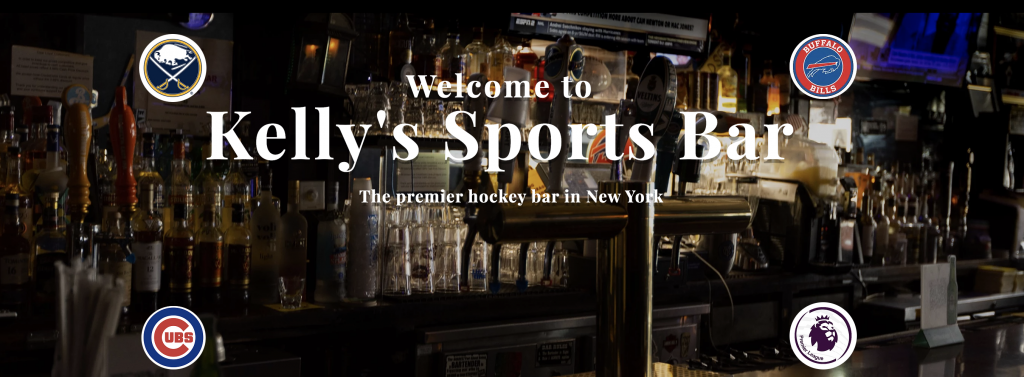 Image shows the words "Kelly's Sports Bar" accompanied by different sports team logos, including the Buffalo Bills.