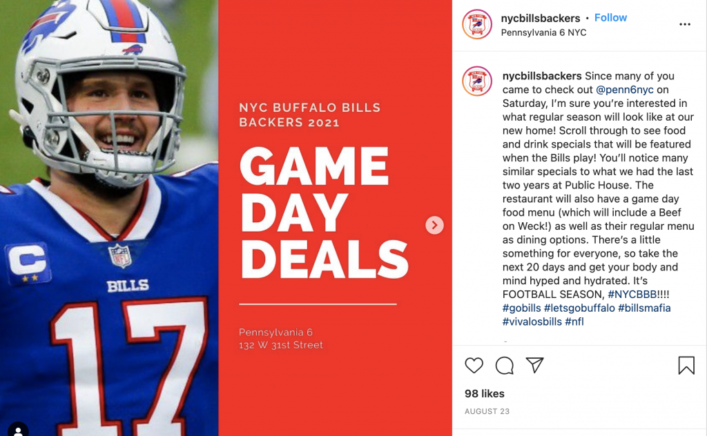 Image shows a post from a Buffalo Bills, fan-lead account called nycbillsbackers. The post promotes new game day deals at Pennsylvania 6, the fan-base's new home for watching the game.
