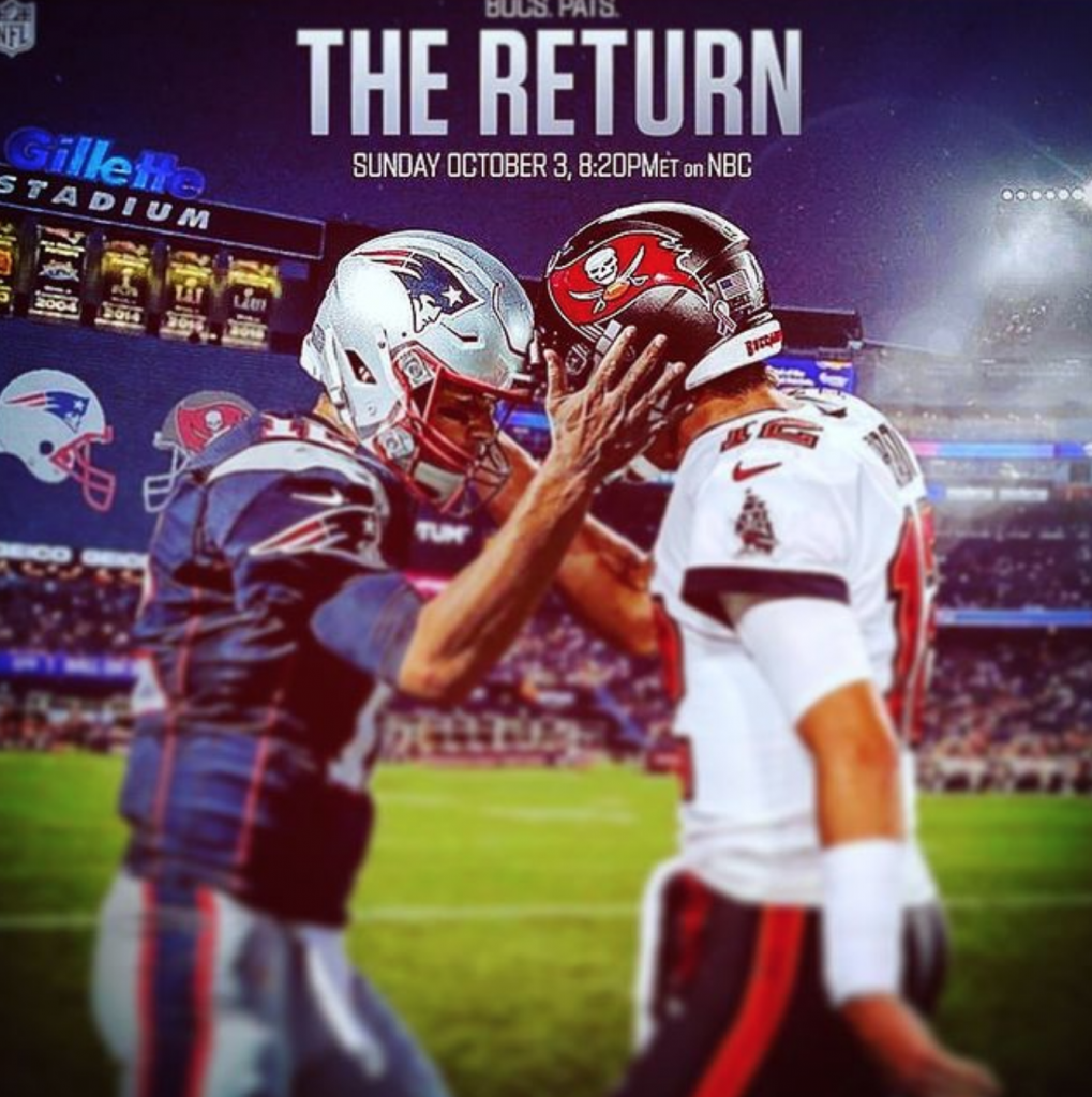 Image shows a post from The Three Monkeys Instagram account that reads, "The Return" and shows Tom Brady dressed in both a Tampa Bay and New England Jersey.