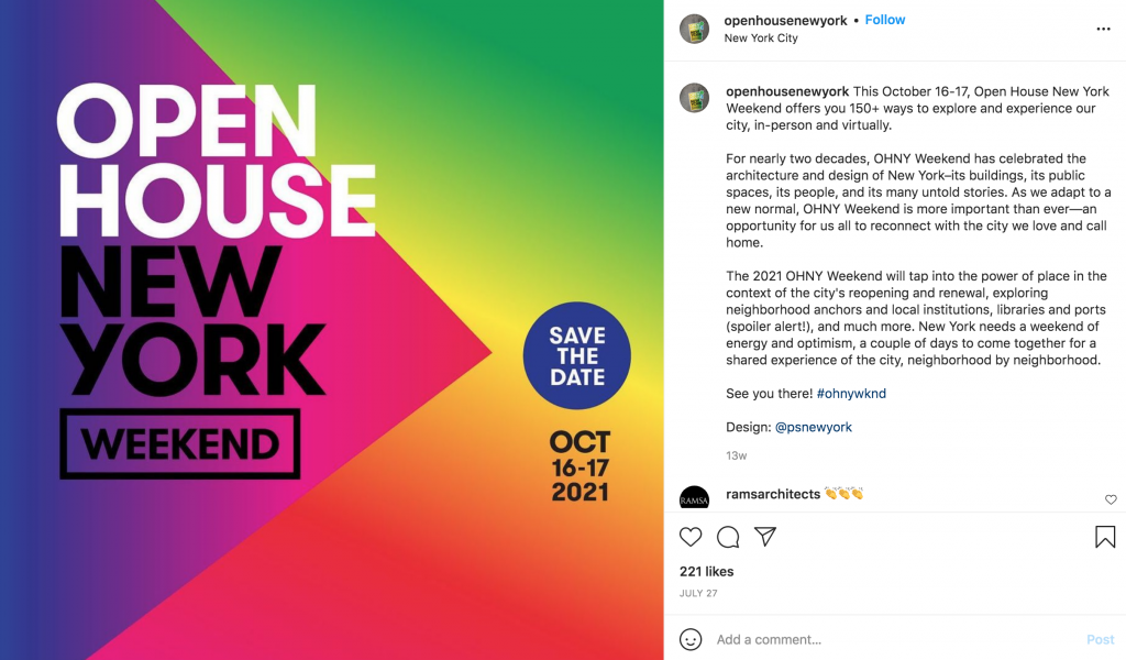 Image shows an Instagram post from @openhousenewyork describing the "open house" weekend events that will celebrate many of New York's buildings, people, public spaces, and more.