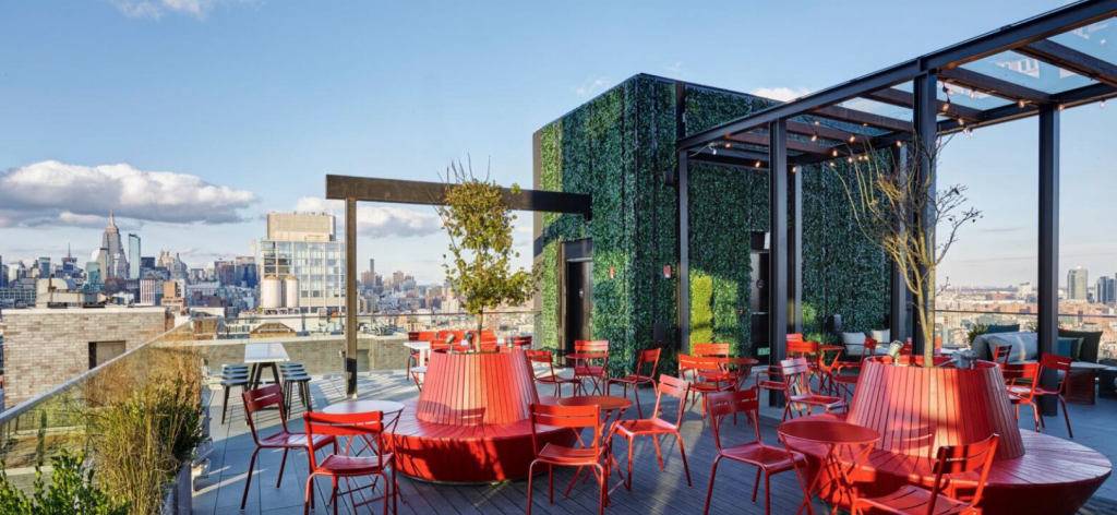 Image shows cloudM, one of New York's many rooftop bars- this one located above the citizenM New York Bowery Hotel.