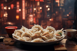 Garnished Chinese Dumplings with Condiments on a Lively City Night