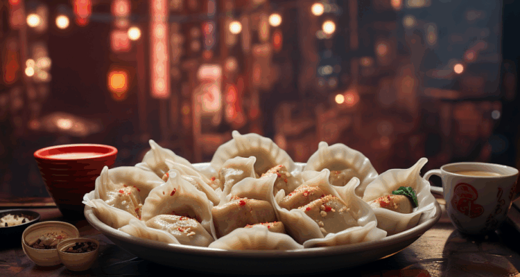 Garnished Chinese Dumplings with Condiments on a Lively City Night