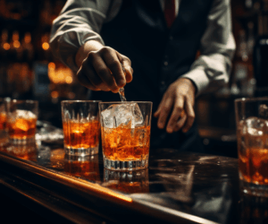 bartender stirring two glasses of whiskey with ice